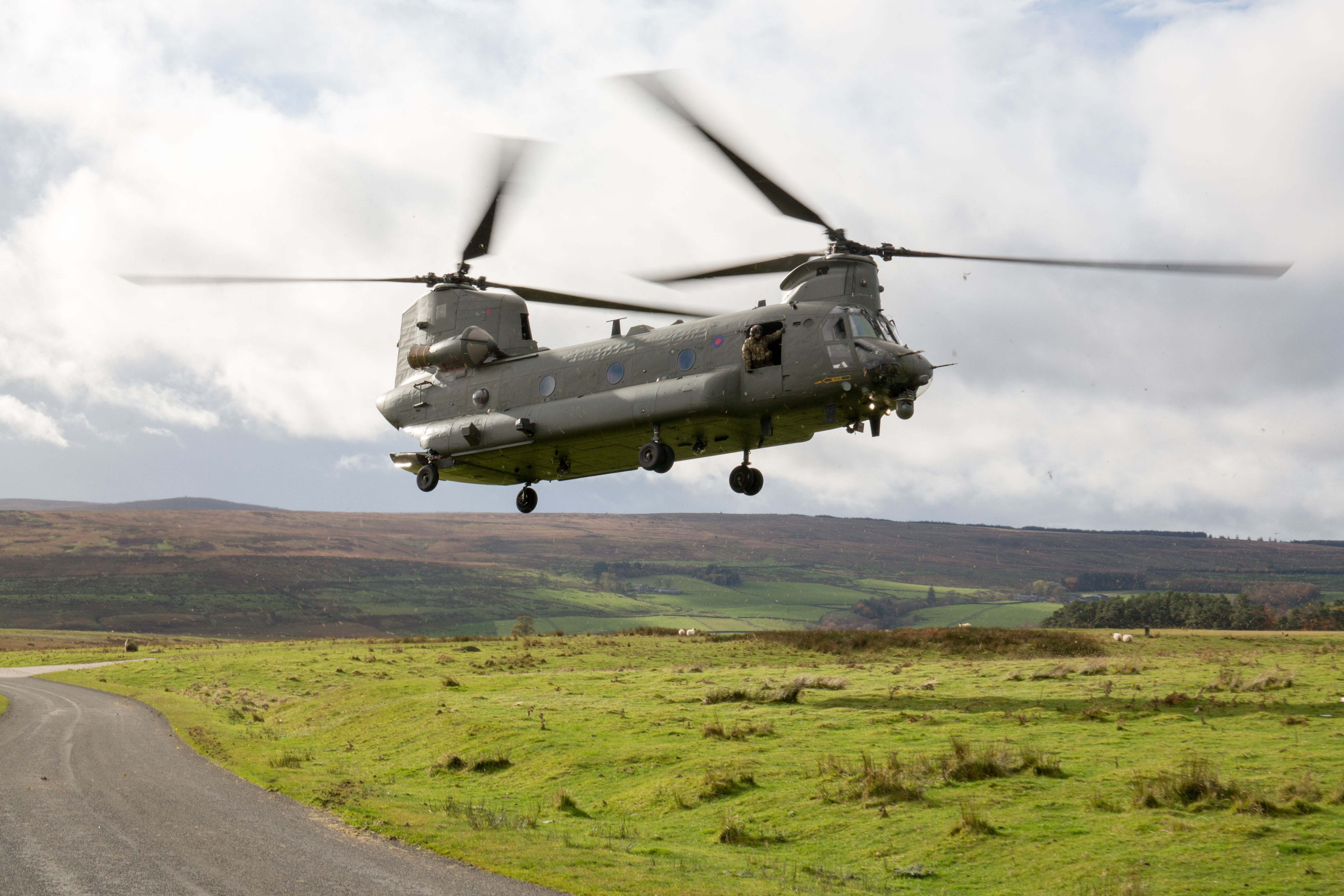 Image shows an RAF Chinook helicopter flying.
